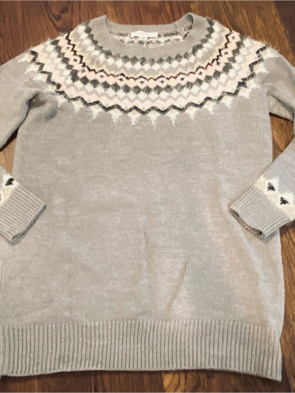 Motherhood Light Gray Fair Isle Yoke Crewneck Sweater